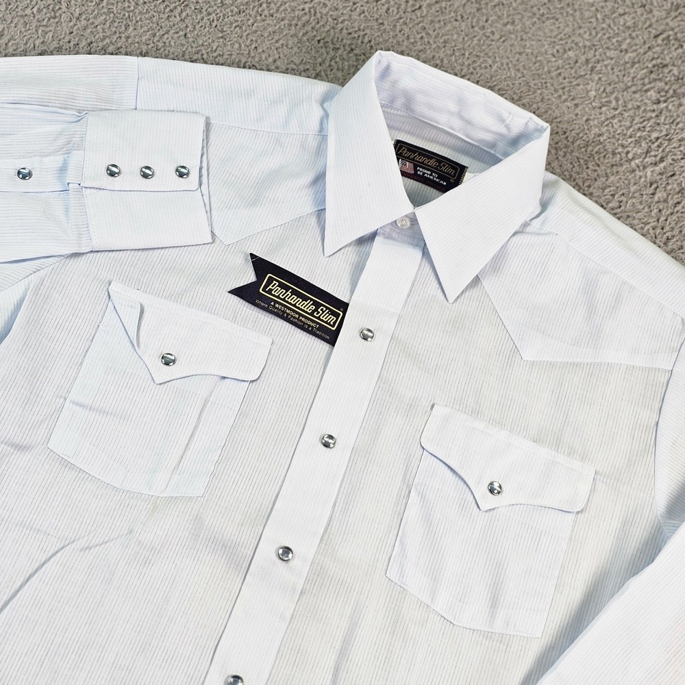 Vintage Panhandle Slim Shirt Mens Large Blue Stripe Western Pearl Snap USA